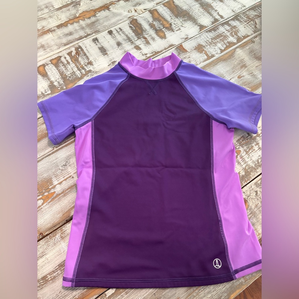 Lands' End Girls' Short Sleeve Swim Rash Guard in Purple Hues Size S 7-8